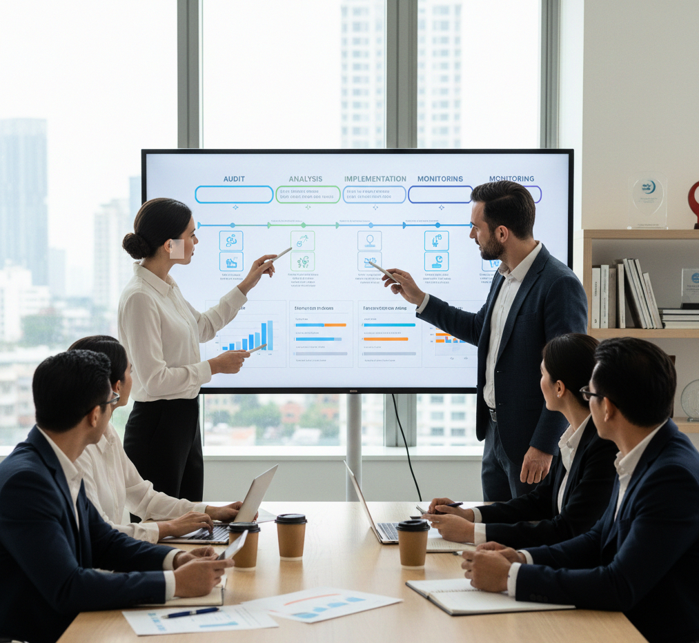 Escena de laboratorio donde expertos iteran en desarrollo de CJM y estrategias de producto para plataformas B2B